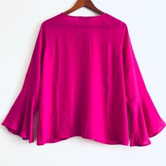 Nordstrom Eclair Blouse S Lace Up Bell Sleeve Flounce Fuchsia Pink Vibrant Neon - Picture 5 of 9